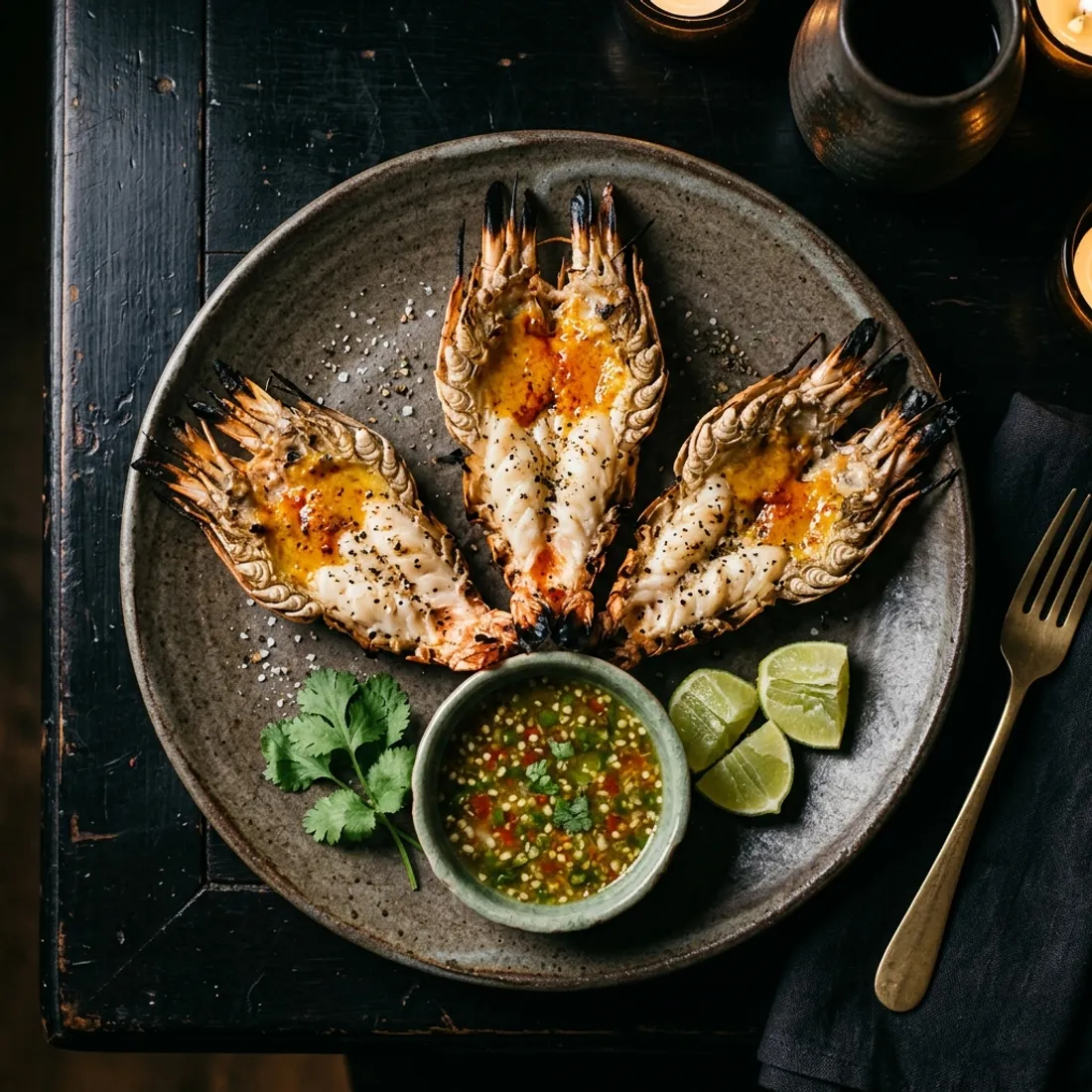 กุ้งแม่น้ำเผาผ่าซีกวางบนจานเซรามิกกลม