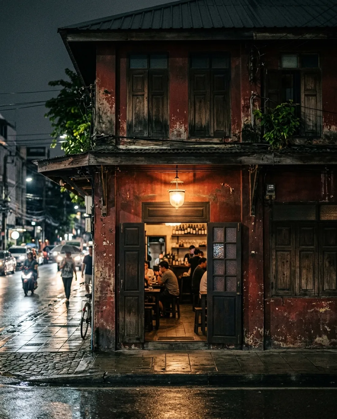 หน้าตึกแถวไม้เก่าบนถนนเจริญกรุงยามค่ำ มีโคมไฟดวงเดียวเหนือประตู
