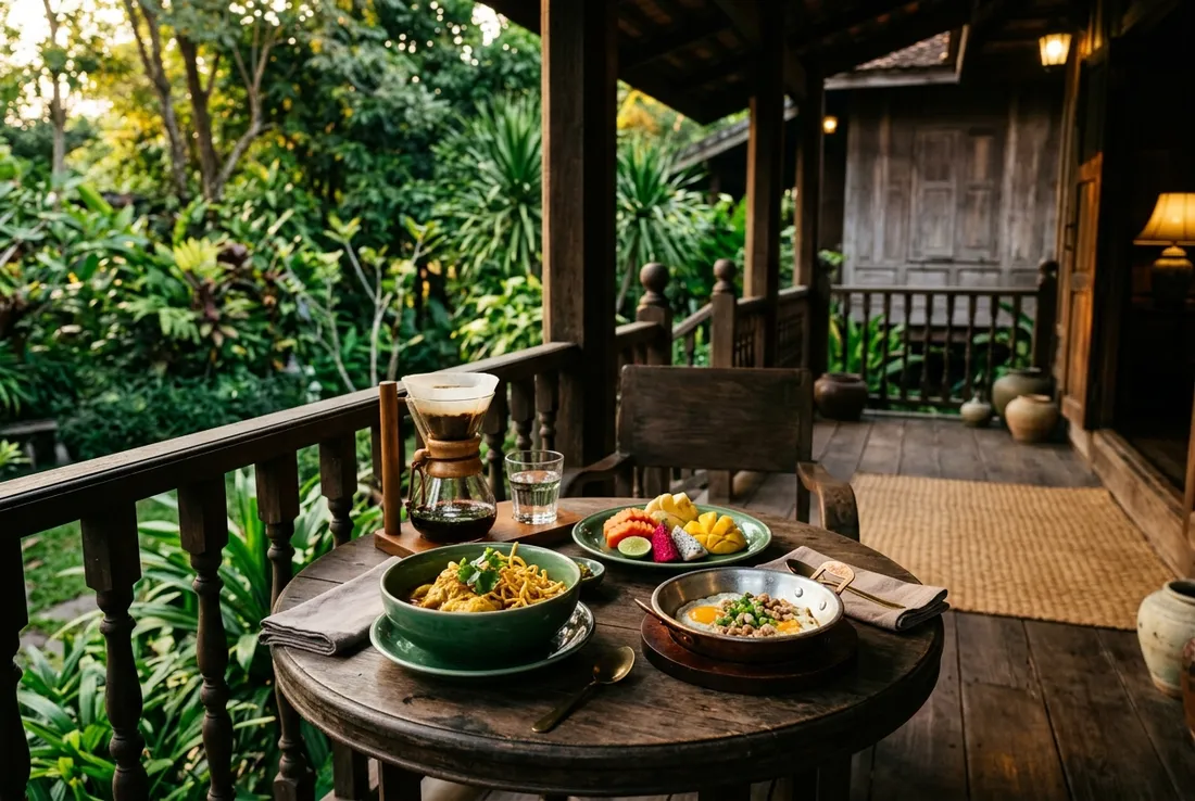สำรับอาหารเช้าเหนือวางบนโต๊ะกลมที่ระเบียงไม้ มีข้าวซอย ไข่กระทะ ผลไม้ และกาแฟดริป