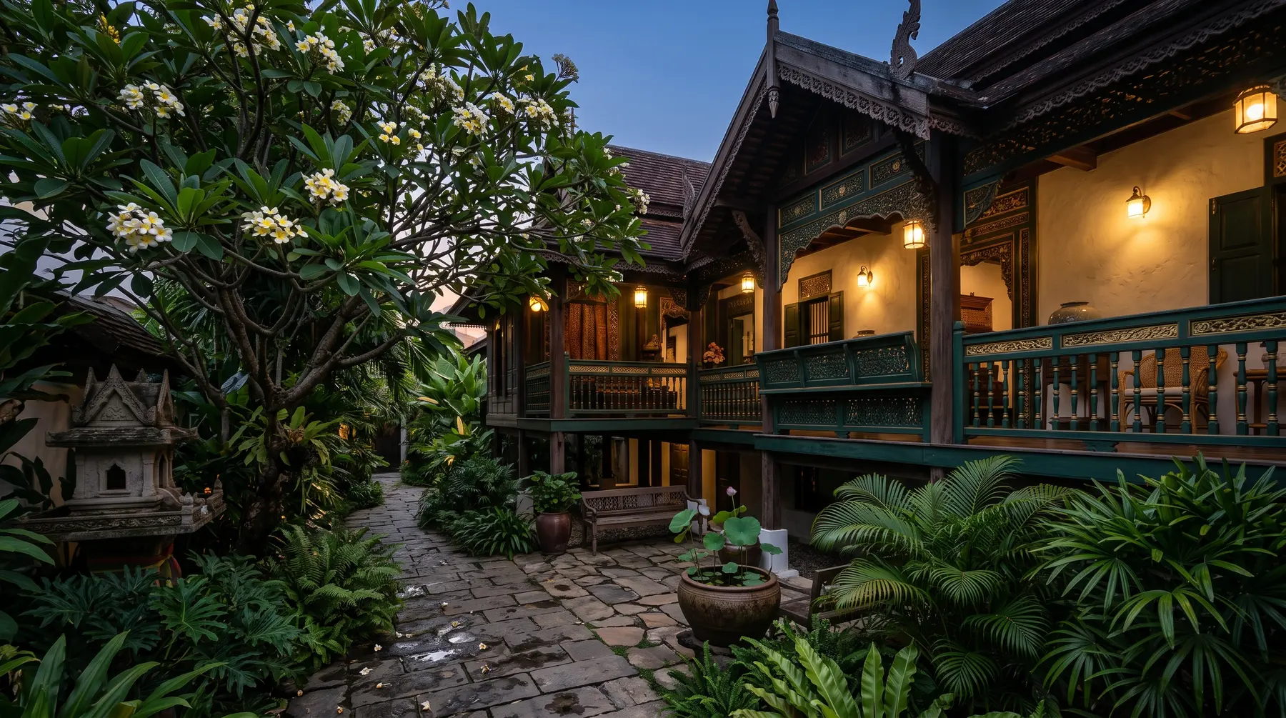 ลานกลางเรือนไม้สักล้านนาที่ปรับเป็นโรงแรมบูทีคในเมืองเก่าเชียงใหม่ ยามพลบค่ำ มีต้นลีลาวดีและโคมไฟอุ่น