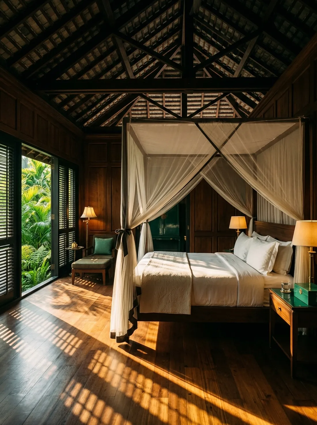 ห้องสวีทไม้สักชั้นบน เพดานจั่วเปิดโชว์โครงหลังคา แสงลอดบานเกล็ดเป็นทางบนพื้น