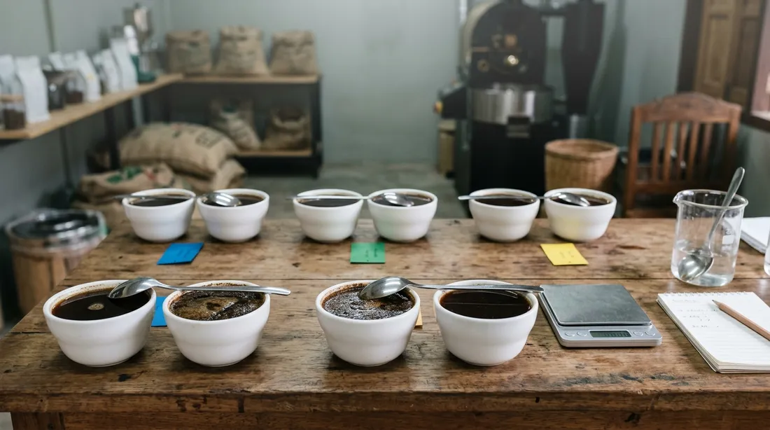 โต๊ะชิมกาแฟในโรงคั่ว ถ้วยขาวเรียงแถวพร้อมช้อนชิมและสมุดบันทึก