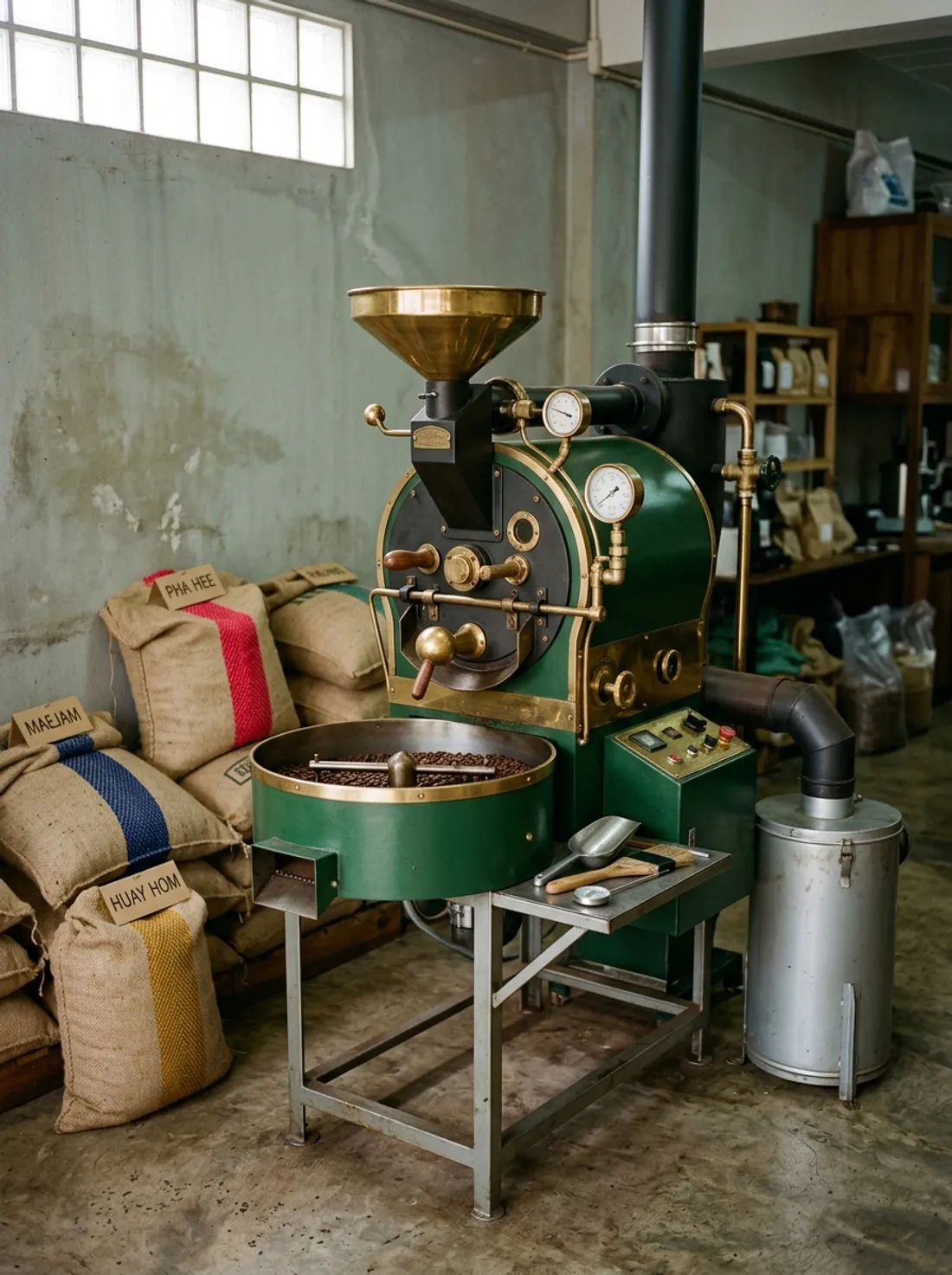 เครื่องคั่วกาแฟแบบดรัมขนาด 12 กิโลกรัมในโรงคั่วเล็ก มีกระสอบเมล็ดดิบวางข้าง ๆ
