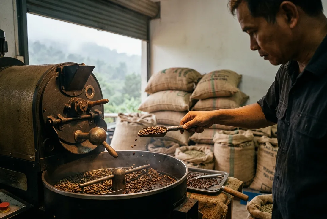 เครื่องคั่วกาแฟแบบดรัมกำลังคั่วอยู่ในโรงคั่วเล็ก มีกระสอบป่านซ้อนอยู่ด้านหลัง