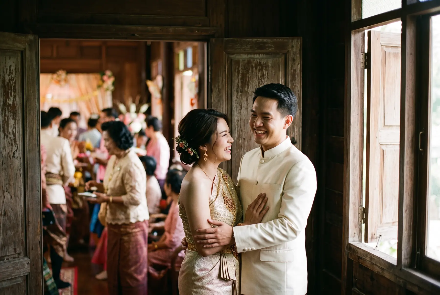 คู่บ่าวสาวหัวเราะด้วยกันที่ช่องประตูระหว่างพิธี แขกเบลอด้านหลัง แสงธรรมชาติจากหน้าต่าง