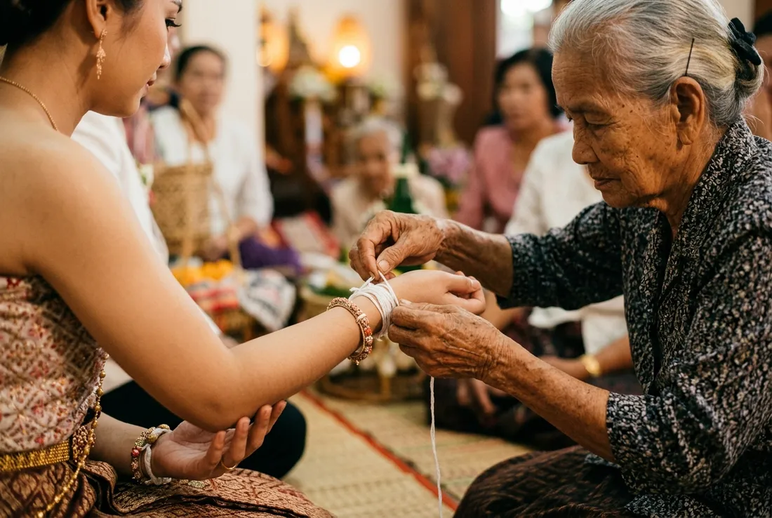 ผู้ใหญ่ผูกสายสิญจน์ที่ข้อมือเจ้าสาว