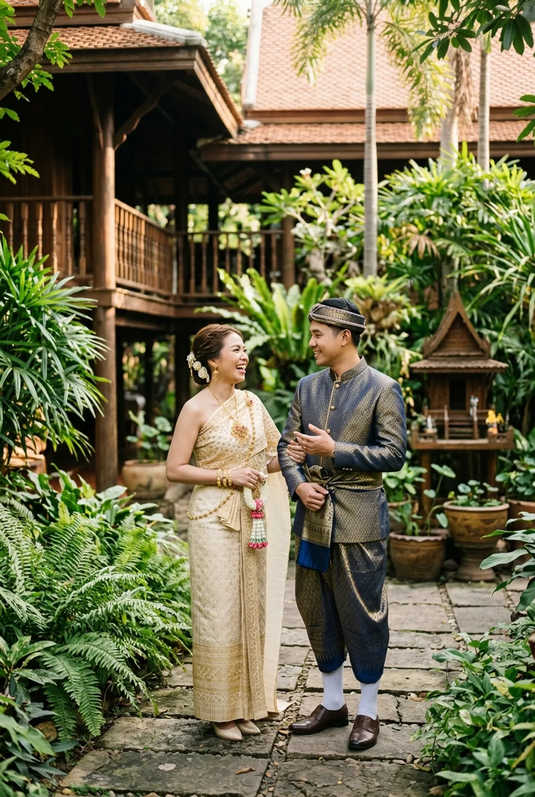 คู่บ่าวสาวไทยยืนคุยกันในลานบ้านสวนตอนเช้า