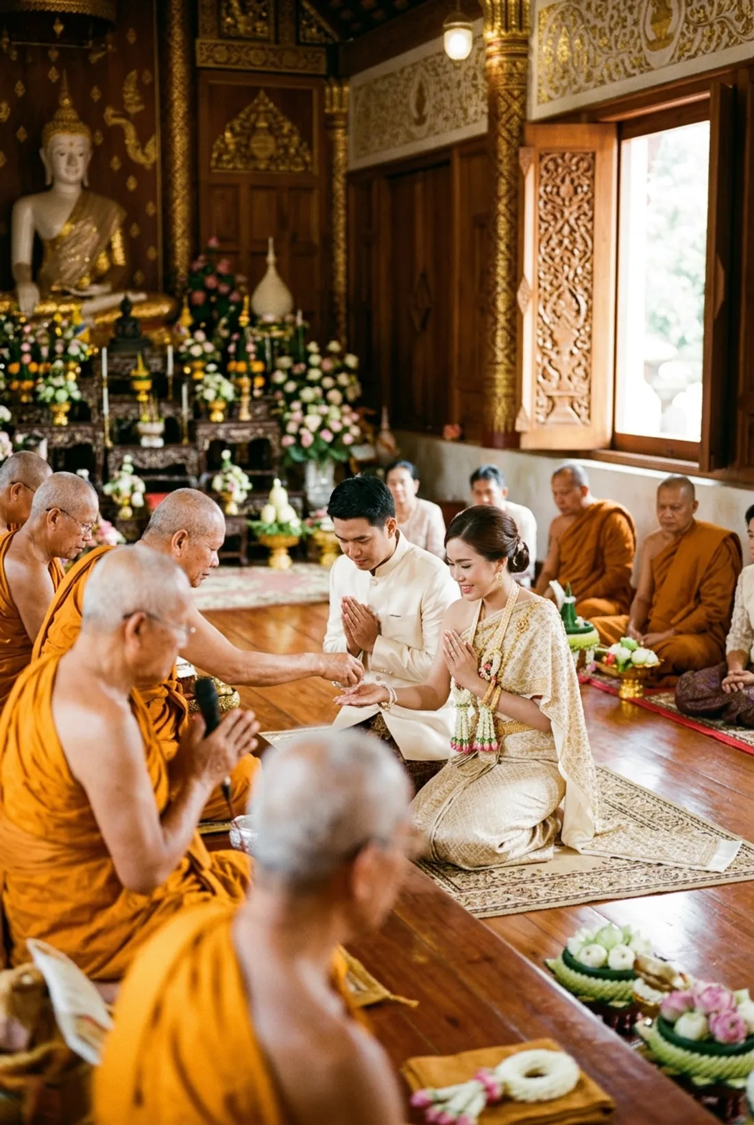 คู่บ่าวสาวคุกเข่าในพิธีที่วัดในเชียงใหม่ พระเบลอด้านหน้า